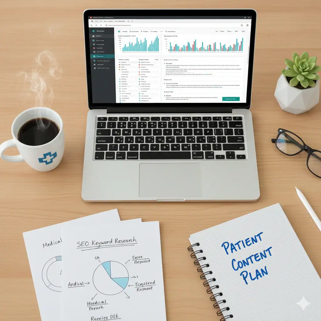 Research analytics dashboard on laptop showcasing data-driven insights for skin care and dermatology SEO strategies.
